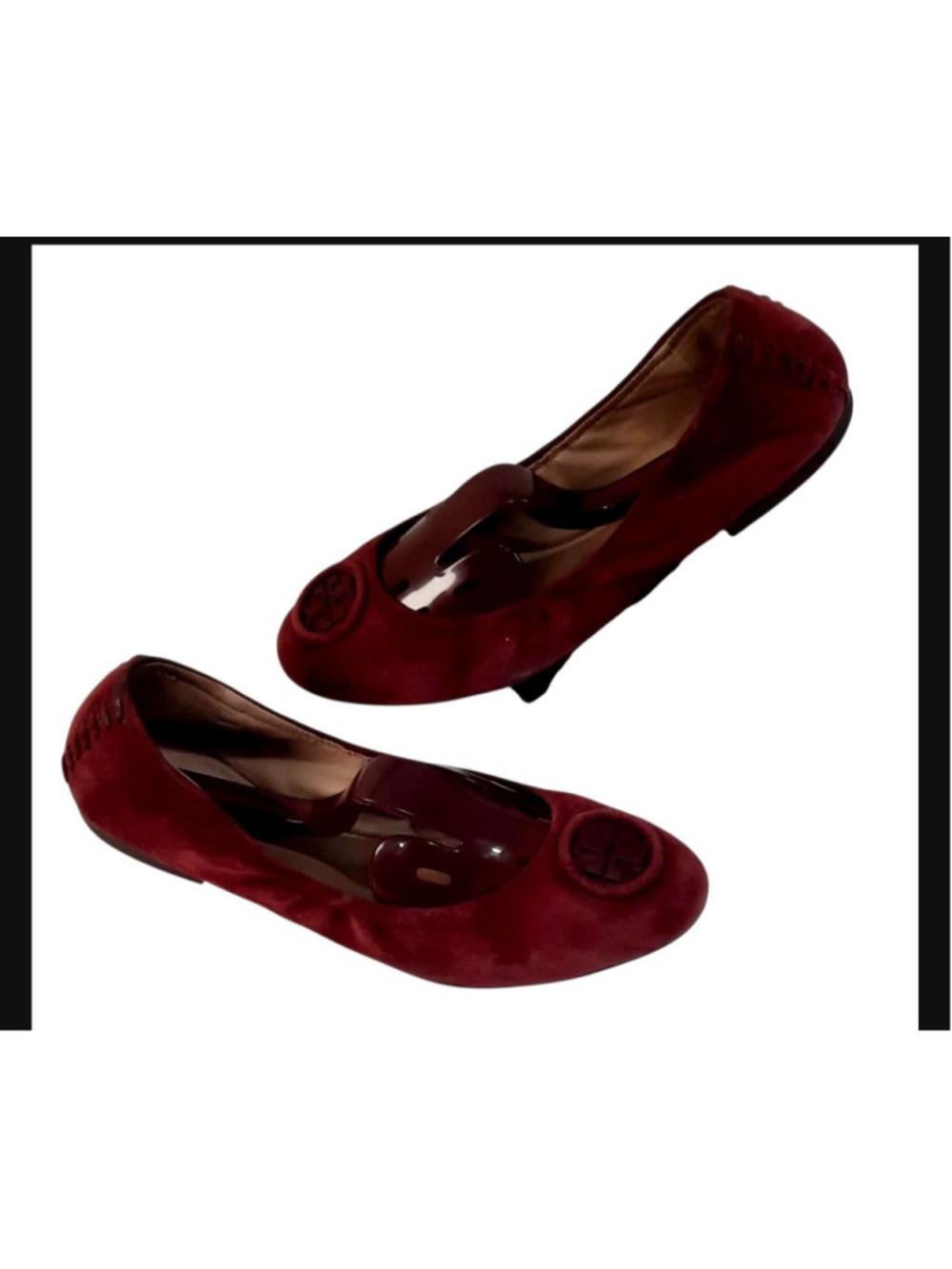 Tory Burch Allie Ballerina Flats Burgundy Logo Minnie Reva Suede Ballet Shoe 8.5